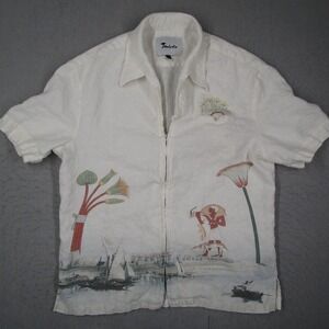 Tombolo Mens White Linen Egyptian Graphic Zip Up Cabana Shirt Large READ*
